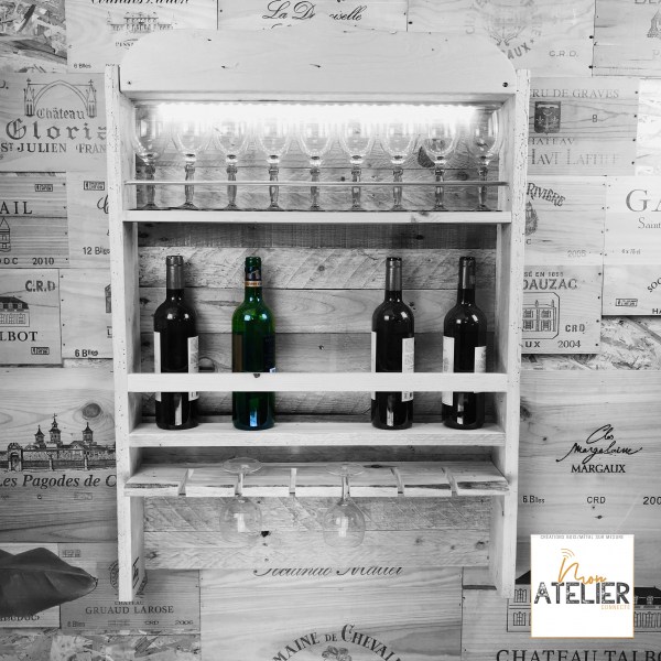 Support cave à vin en bois de palette recyclé avec éclairage intégré par led (blanc 4000k), étagère à bouteilles et verres